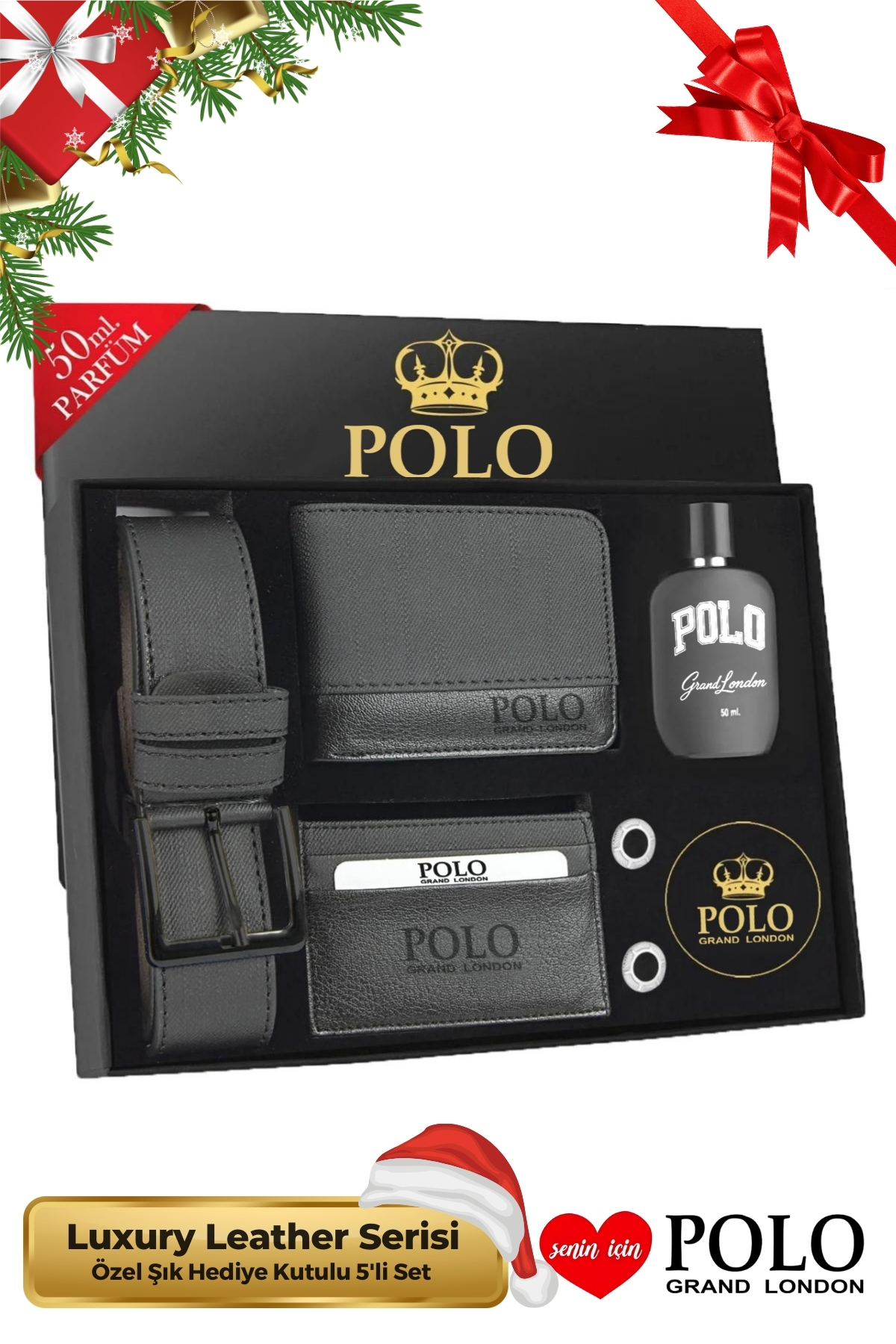 POLOGRAND London Orijinal Erkek 5'li Hediye Kutulu Yılbaşı Hediyesi Deri Kemer Cüzdan Kartlık Kol Düğmesi Parfüm Seti - Fiyatı, Yorumları